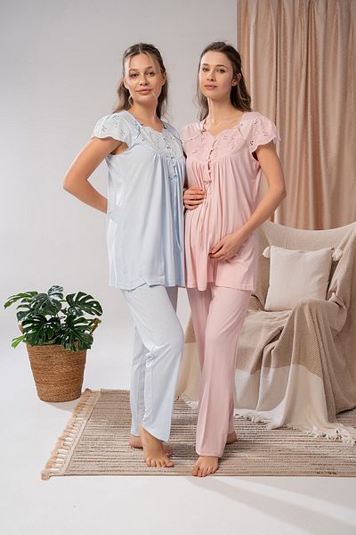 Lohussa Women's Blue Linen Summer Voile Collar Strap Special Design Cotton Maternity Maternity Dressing Gown Pajama Set Set