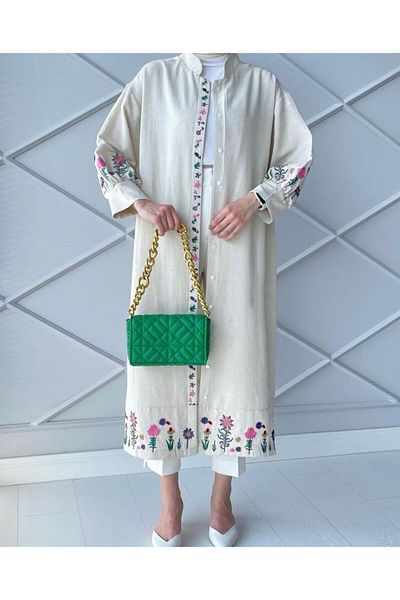 Lavanta Tekstil Linen Belted Flower Embroidered Kimono