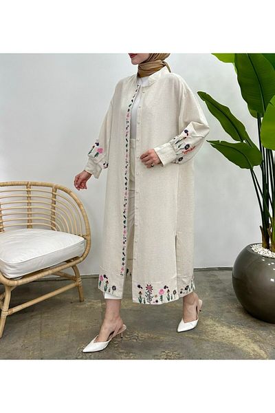 Lavanta Tekstil Striped Floral Embroidered Hijab Belted Linen Kimono Cap