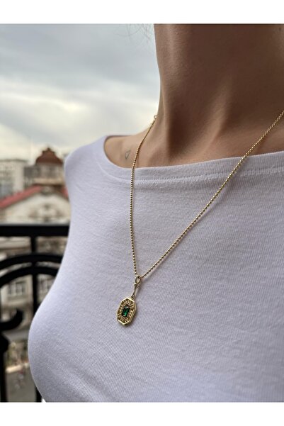 Silver Özel Gün Hediye Kadın Kolye Zümrüt Yeşil Taşlı Gold Kaplama 925 Ayar G...