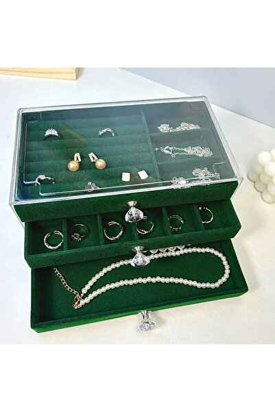 Büyük Hanım 3 Drawers Compartment Green Transparent Jewelry Box