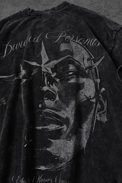 Slatra Men's Anthracite Divided Personas Printed Special Washed Fabric Oversize Tshirt