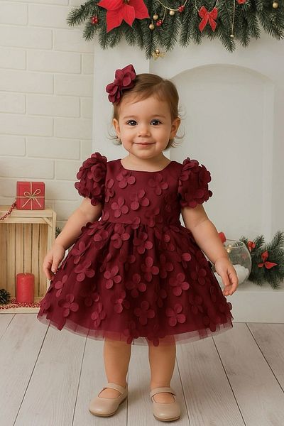 Nissa Burgundy Floral Patterned Girl's Dress Piping