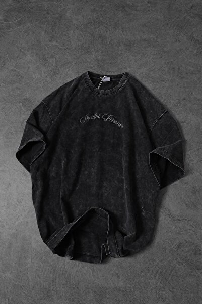 Slatra Men's Anthracite Divided Personas Printed Special Washed Fabric Oversize Tshirt