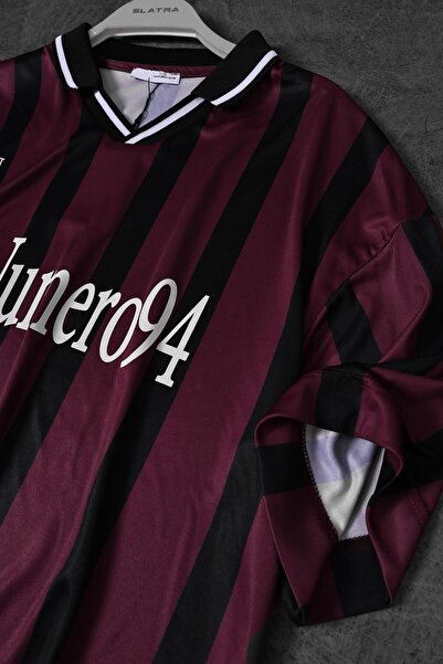 Slatra Men's Red-Black Striped Ln94 Printed Oversize Jersey Fabric Tshirt