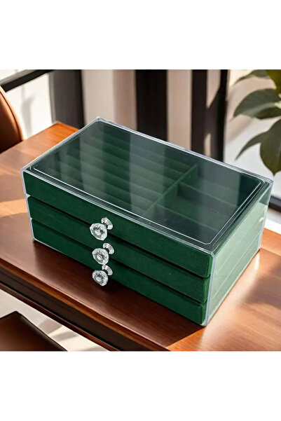 Büyük Hanım 3 Drawers Compartment Green Transparent Jewelry Box