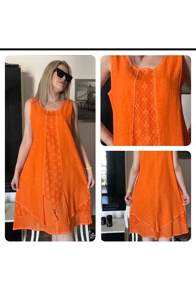 BAHHAR Rochie de vară din bumbac spălat, portocaliu, fără mâneci, lungime midi, cu decolteu rotund, în stil boem (FĂRĂ CĂPTUȘEALĂ)