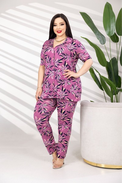 şuranur Bambu Gömlek Yakalı Düğmeli Pijama Takımı Büyük Beden Battal 5xl