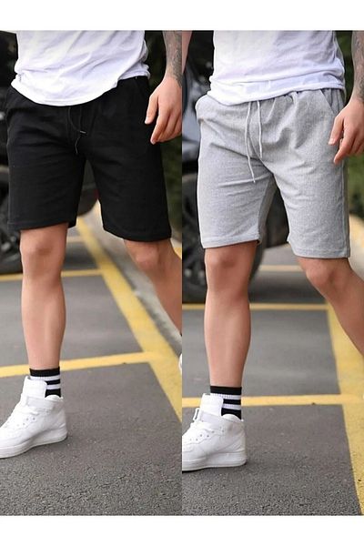 pandy Pachet de 2 pantaloni scurți din bumbac pieptănat pentru bărbați, negru și gri