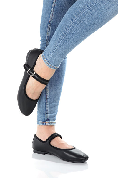 PAYZİN '' تركان '' جلد أسود بمقدمة مستديرة ونعل مسطح وقبعة صلبة راقصة الباليه...