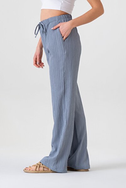 Fashion Showcase Crinkle Elastic Waist Pocket Comfortable Women's Trousers - Indigo