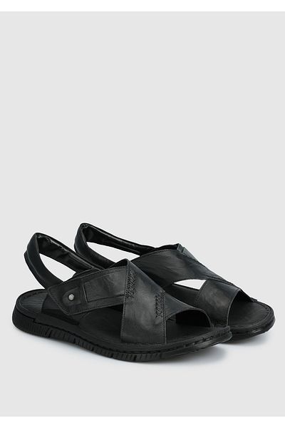 Eclipse Men's Black Leather Flat Sandals