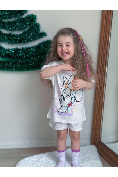 Nehirim Kids Girl's Summer Patterned and Printed T-Shirt and Elastic Waist Shorts Set with Pockets (2-3-4-5-6-7-8 Years)