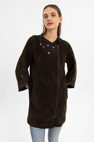 Deriderim Kado Brown Floral Embroidered Zippered Lined Crew Neck Women's Genuine Suede Leather Coat