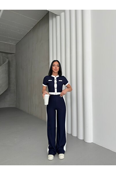 BEJNA Women's Navy Blue Short Sleeve Stripe Detailed Bottom Top Set