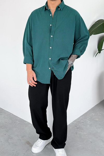 HAFKAGİYİM Σκούρο πράσινο Oversize Fresh Len πουκάμισο
