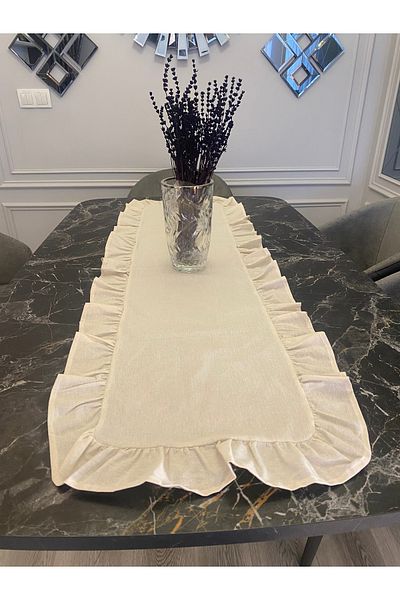yok yok evim eve dair her şey Firfirli Runner Natural Hand Made Cotton Linen Effect 40X140