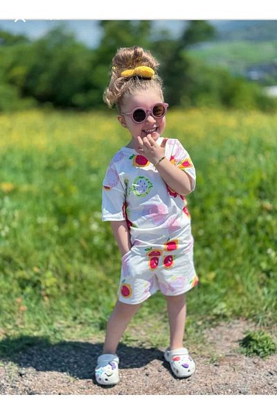 Nehirim Kids Girl's Summer Patterned and Printed T-Shirt and Elastic Waist Shorts Set with Pockets (2-3-4-5-6-7-8 Years)
