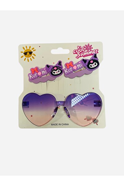 NATUREL Çocuk Kuromi Temalı Gözlük ve Toka Seti Kalp Camlı Mor Pembe Yaz Akse...