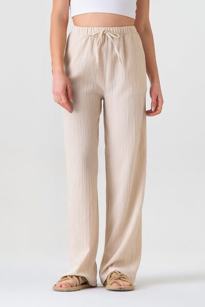 Fashion Showcase Crinkle Elastic Waist Pocket Comfortable Women's Trousers - Stone