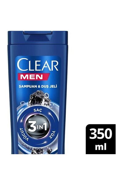 Clear Men 3 in 1 Shampoo Shower Gel Purifying Charcoal Hair Face Body 350 ml