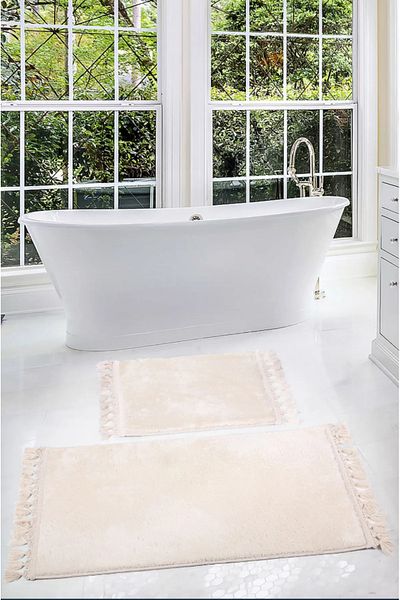 Sarar Soft Plush Bath Mat Set of 2 60X100 and 50X60 Fringed Non-Slip Dot Base Shaver