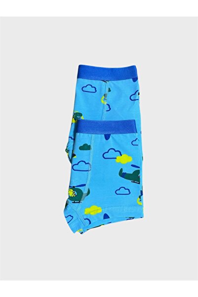 elmas kids Erkek Çocuk %100 Pamuklu Mavi Helikopter Bulut Desenli 2 li Boxer