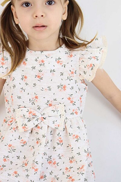 ESİLA KİDS Kız Çocuk Elbise,Bayramlık Elbise Çiçek Desenli Fiyonk Detaylı Büzgülü Kollu 3-6 Yaş
