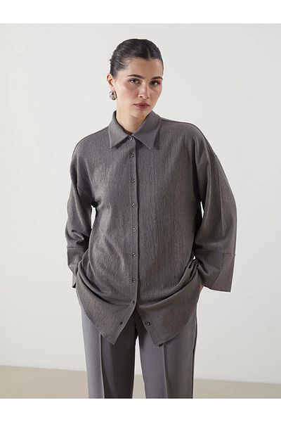 LC Waikiki Tunica de cămașă supradimensionată pentru femei LCW Modest Gri Textured