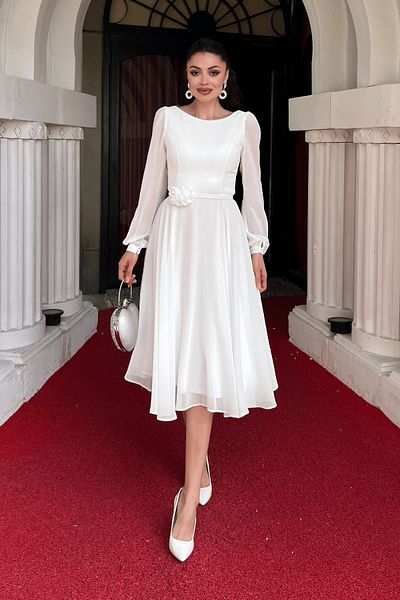 giyimmasalı Sifon Fabric Flower Λεπτομερές Midi Φόρεμα - ΛΕΥΚΟ