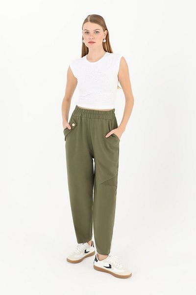 Puane Women's Button Detailed Carrot Soft Comfortable Fit Combed Cotton Trousers 181050