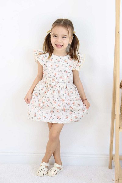 ESİLA KİDS Girl's Dress, Holiday Dress Floral Patterned Bow Detail Gathered Sleeves 3-6 Years