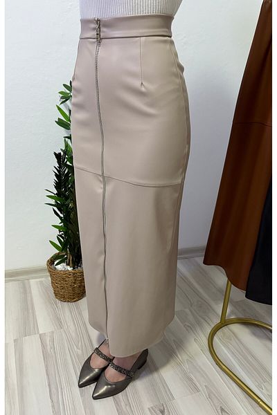 Marjita Hijab Zippered Suede Inside Premium Quality Long Leather Skirt - Stone Color