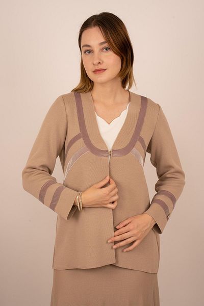 MISS DALIDA Missdalida 9041-23K V-Neck Velvet Detailed Classic Cardigan
