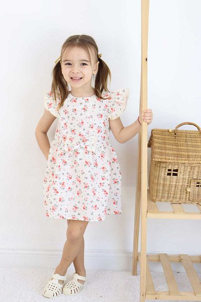 ESİLA KİDS Girl's Dress, Holiday Dress Floral Patterned Bow Detail Gathered Sleeves 3-6 Years