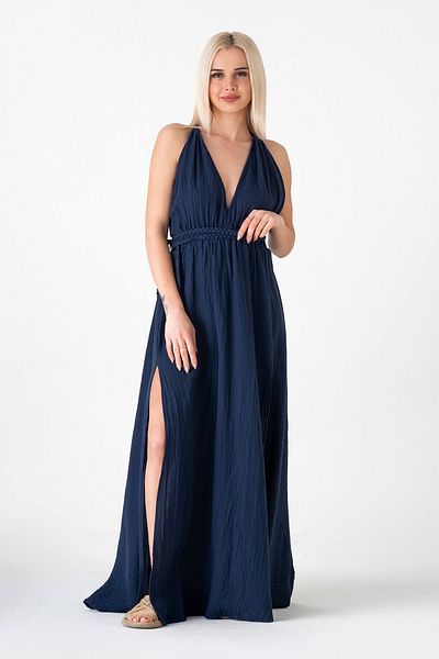 Fashion Showcase Φόρεμα Muslin Φόρεμα παραλίας με λεπτομέρεια πλεξίματος από φυσικό βαμβάκι - Navy Blue