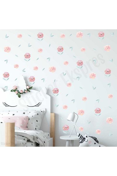 Sticker Ekspres Pink Flowers and Leaves Kids Room Wall Sticker Set