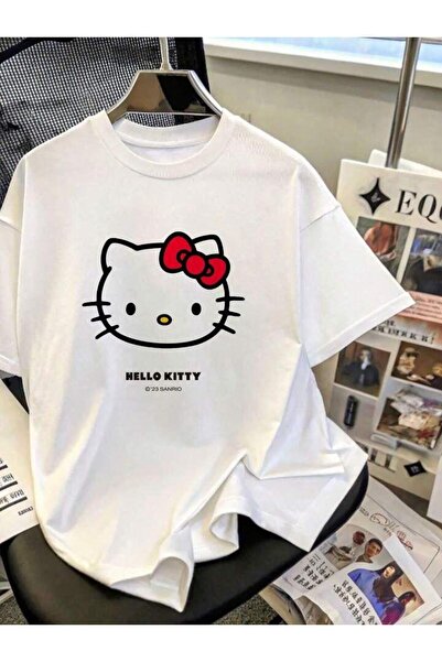 SEDA IŞIKLAR UNİSEX KADIN/ERKEK HELLO KİTTY ÖZEL BASKILI OVERSİZE PAMUKLU T-S...