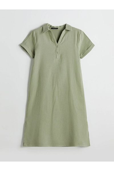 LC Waikiki Γυναικείο φόρεμα LCW Comfort Πράσινο πουκάμισο με γιακά μουσελίνα