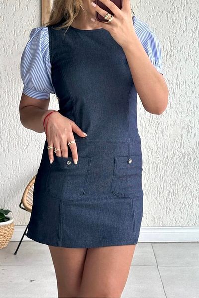 Suzi Mini Denim Dress with Poplin Fabric Sleeves 29903