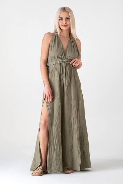Fashion Showcase Muslin Dress Beach Dress with Knitted Detail Made from Natural Cotton - Green