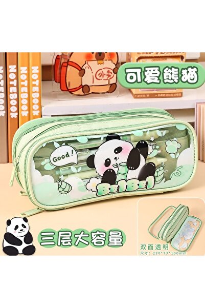 Kawaii Sevimli Panda 3 Bölmeli Şeffaf Pencereli Geniş Kapasiteli Kalemlik