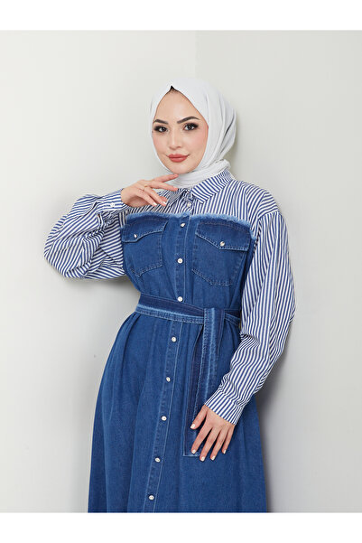 VOLT CLOTHİNG Γυναικείο ριγέ πουκάμισο με λεπτομέρεια τζιν φόρεμα