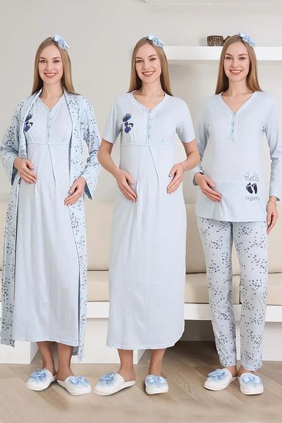 CT MODA Lohussa Rochie de maternitate din bumbac cu model albastru pentru femei, set de pijamale, set de 4 cămăși de noapte