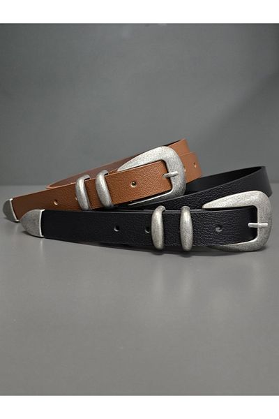 Kemerix 100% Genuine Leather Pewter Coated Tool Buckle Black-Tan 2-Piece Belt Set