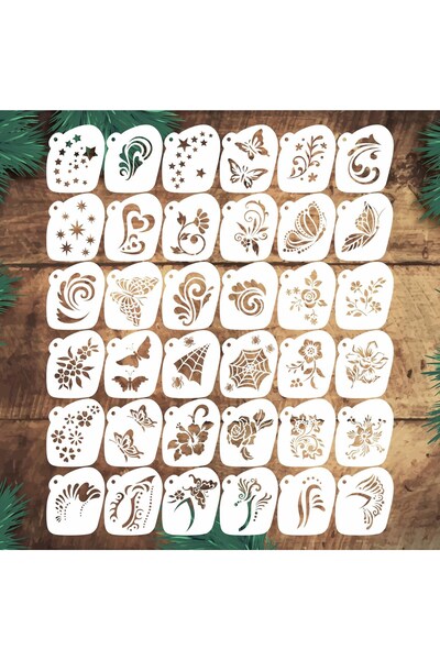 STENCİLTASARIM Stencil Tasarım 36 Adet SL090 Yüz Boyama Maskeleri SET37 Pasta, Ahşap, Yüz Boyama Şablonu