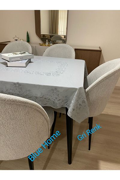 Blue Home Pvc Oilcloth Lace Look Non-Slip Liquid Proof Non-Hole Kitchen Table Cover with Floral Motif / Gray