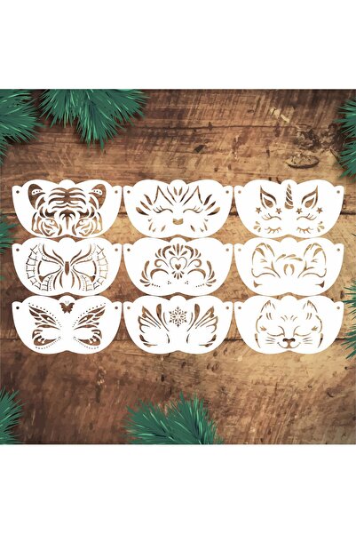 STENCİLTASARIM Stencil Tasarım 9 Adet SL091 Çocuk Yüz Boyama Maskeleri SET38 Pasta, Ahşap, Yüz Boyama Şablonu
