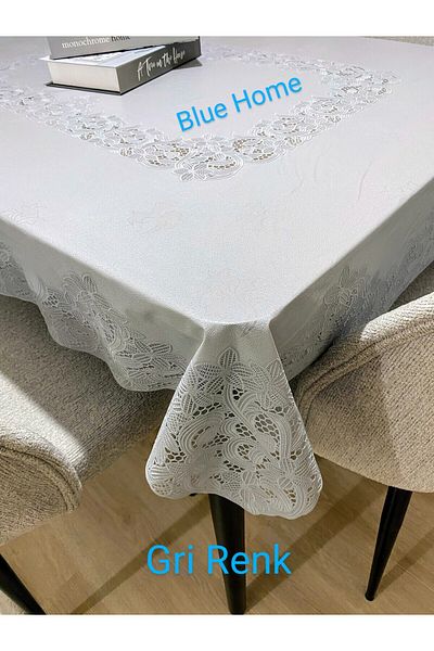 Blue Home Pvc Oilcloth Lace Look Non-Slip Liquid Proof Non-Hole Kitchen Table Cover with Floral Motif / Gray