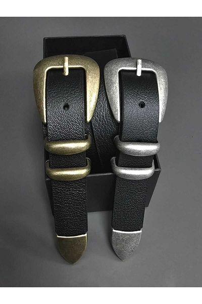 Kemerix 100% Genuine Leather Antique and Tin Coated Tool Buckle Black 2-Piece Belt Set